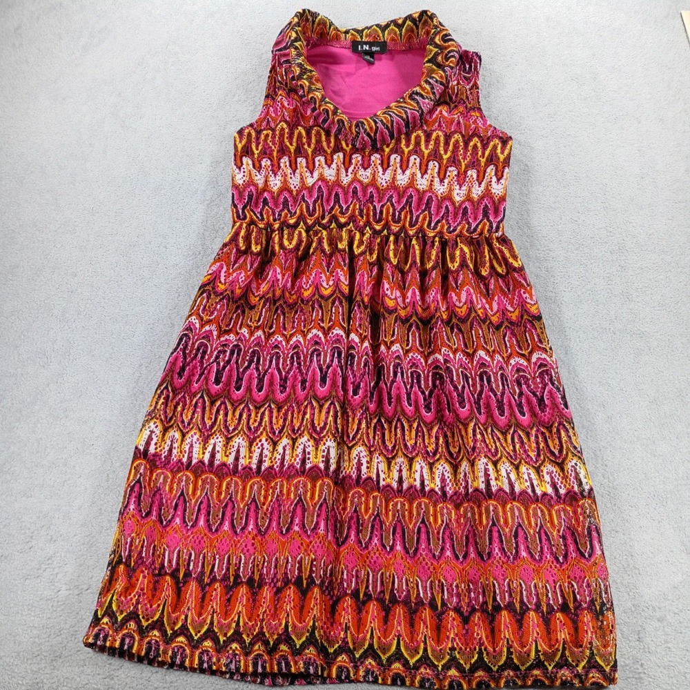 I.N. Girl Girls Dress Pink Orange Chevron Lace Size 16 Sleeveless Overlay